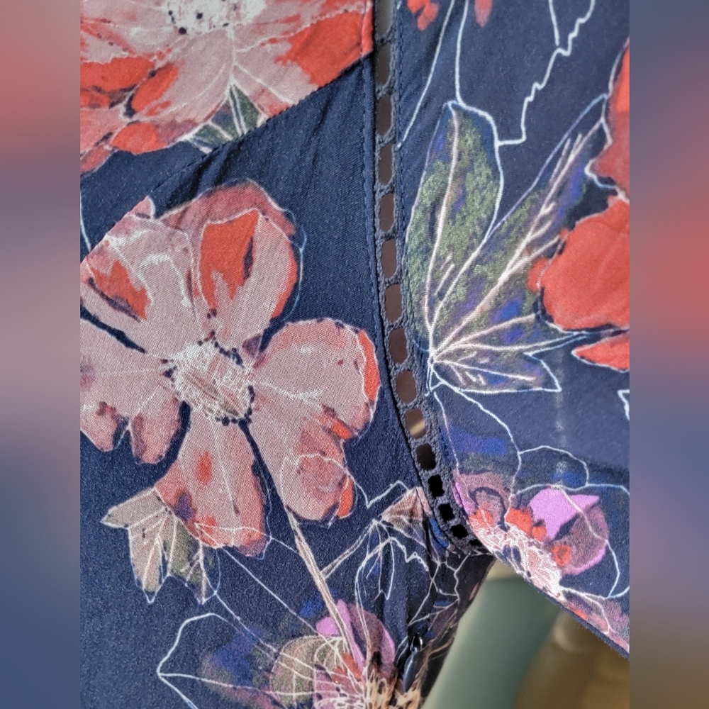 Free People All Eyes on You Floral Mini Dress Tunic Womens 2 Navy Pink Flowy Boh - Picture 10 of 15